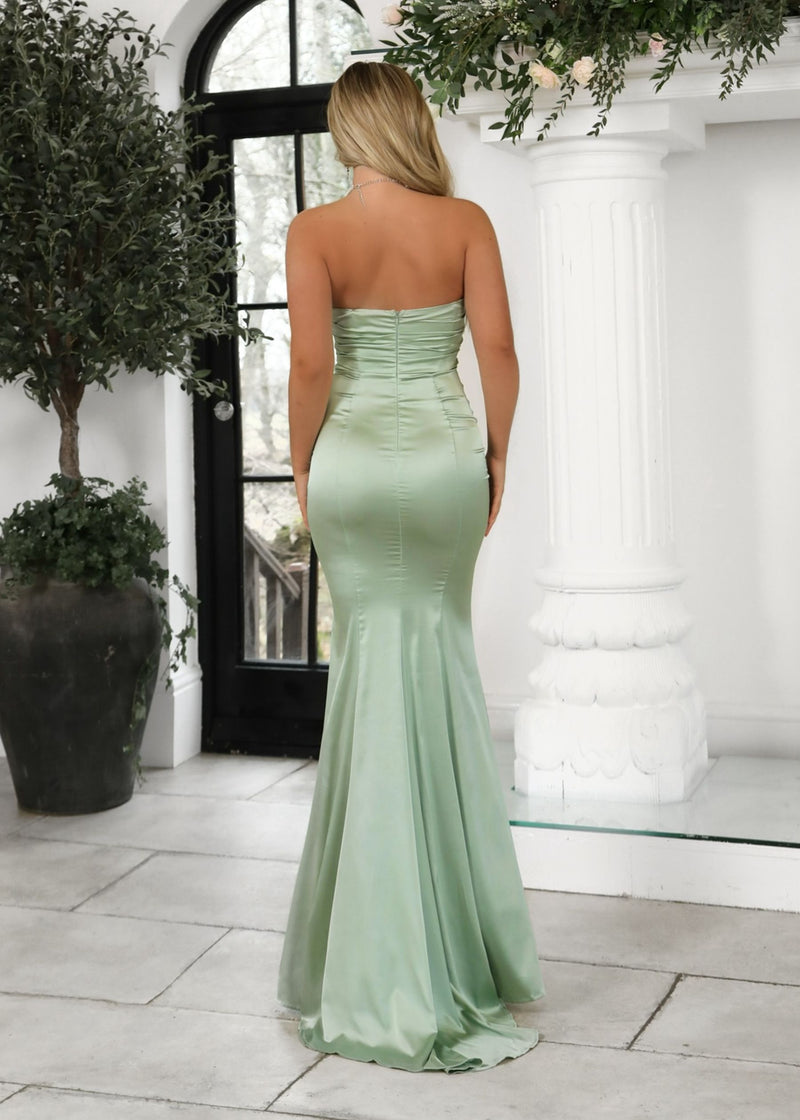 Delilah Ruched Corset Satin Gown - Sage