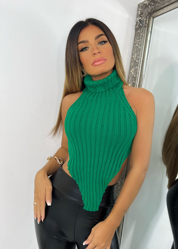 Marie Knitted Roll Neck Crop Top - Green