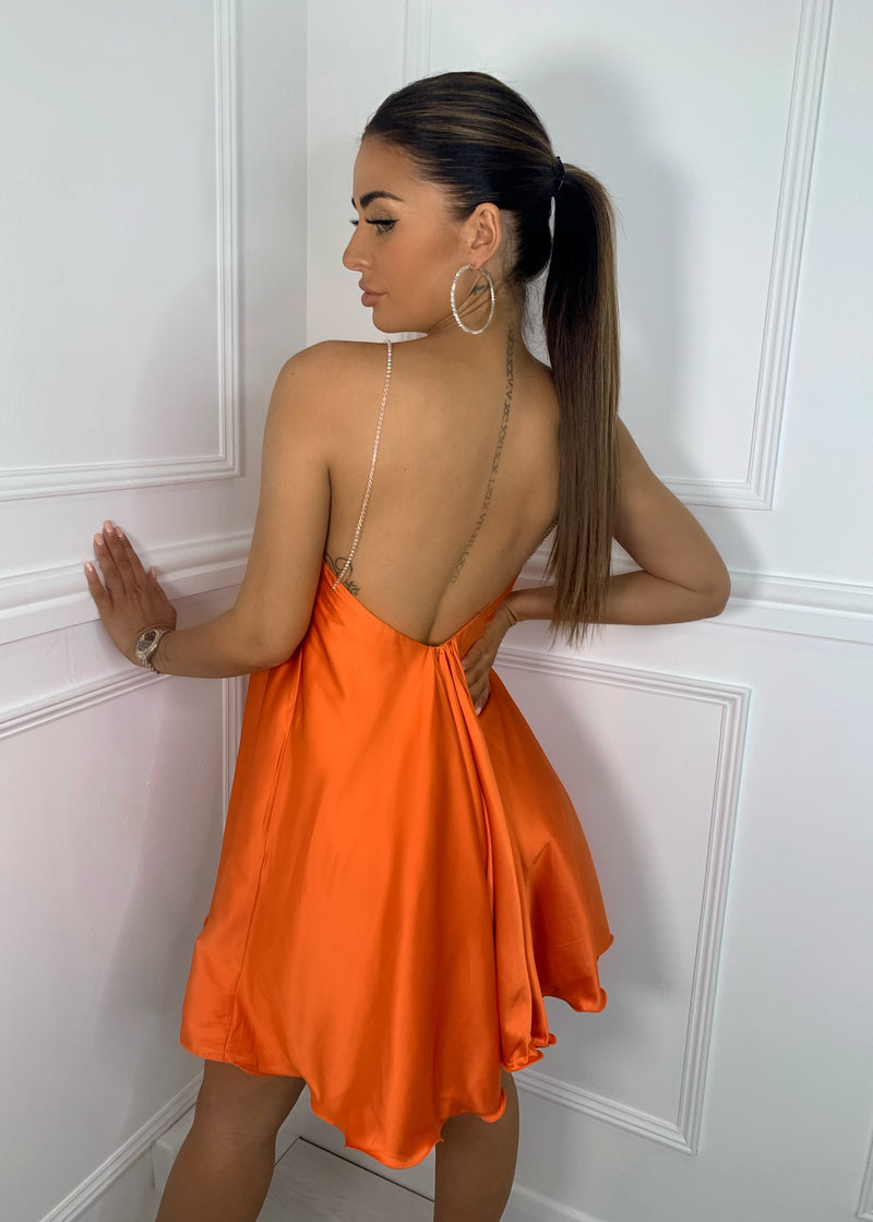Feeling Flirty Babydoll Diamante Trim Dress - Orange
