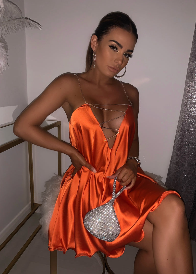 Feeling Flirty Babydoll Diamante Trim Dress - Orange