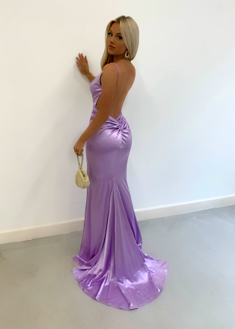 Touch of Glamour Satin Gown with Side Slit - Lilac