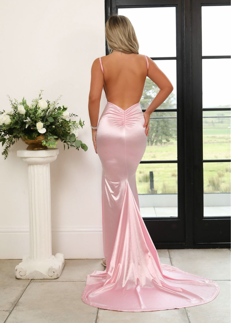 Touch of Glamour Satin Gown with Side Slit - Pink