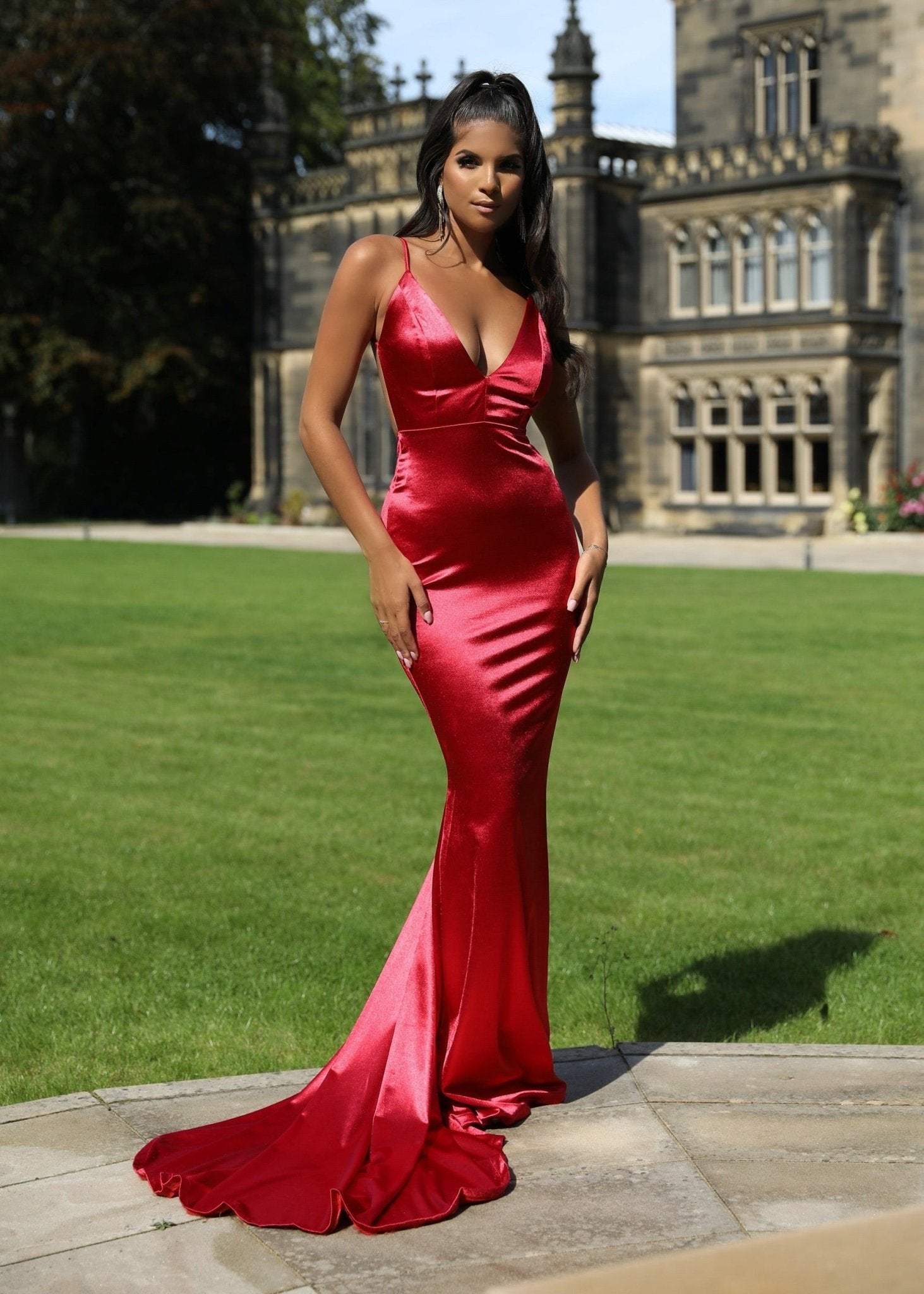 Love Affair Satin Gown with Ruched Back - Red Dressmezee Love Affair Satin Gown with Ruched Back - Red Dressmezee