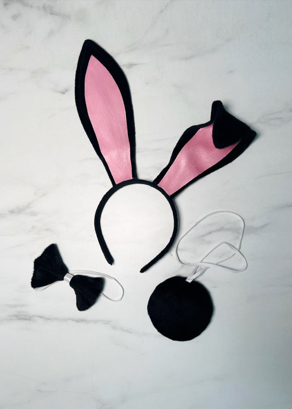 Bunny Headband, Bow Tie and Tail 3 Piece Set - Black