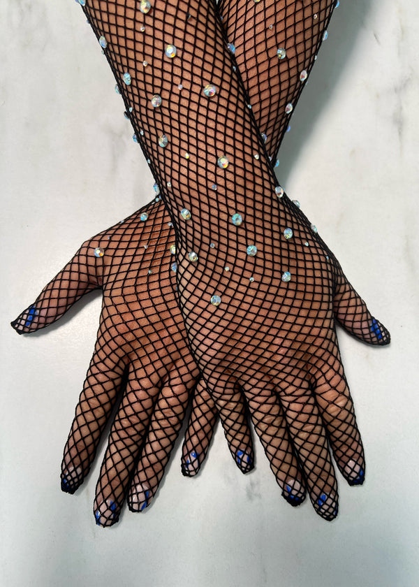 Diamante Fishnet Gloves - Black