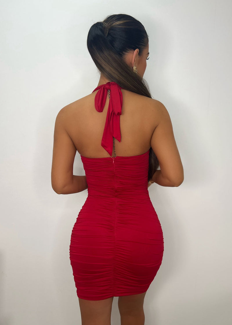 First Love Cut Out Halter Neck Dress - Red