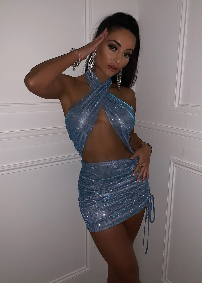 Leila Glitter Wrap Around Mini Dress - Blue
