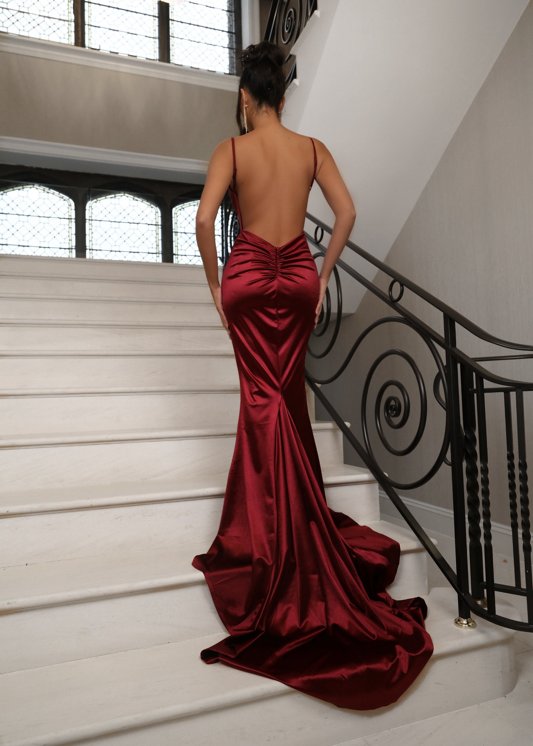 Love Affair Satin Gown with Ruched Back Wine – Dressmezee