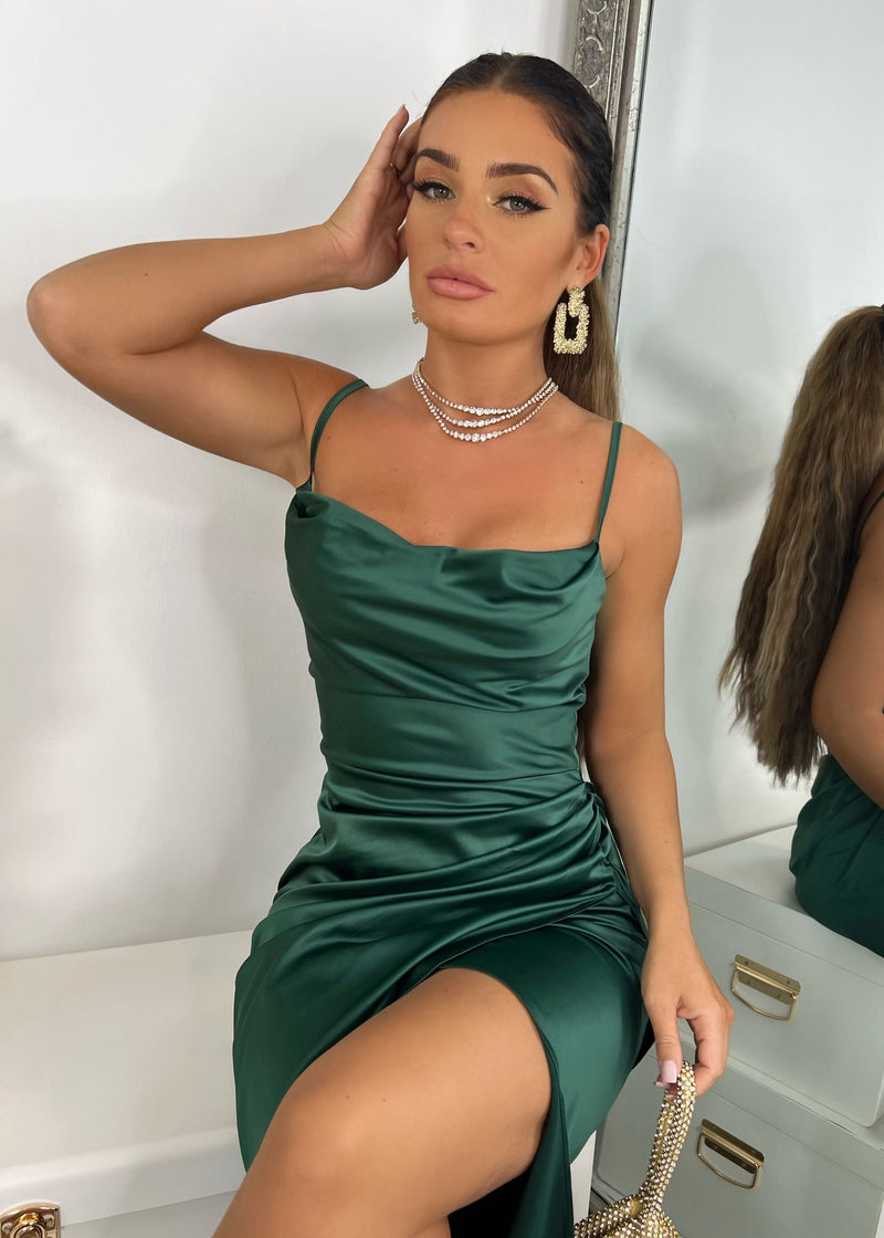 Nancy Satin Spilt Midi Dress - Emerald Green