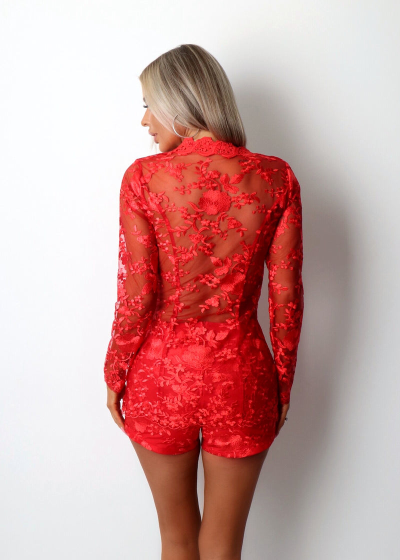 In Full Bloom Floral Mesh Embroidered Two Piece - Red