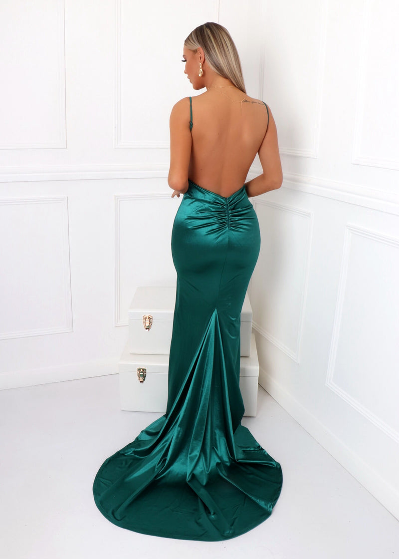 Touch of Glamour Satin Gown with Side Slit - Emerald Green