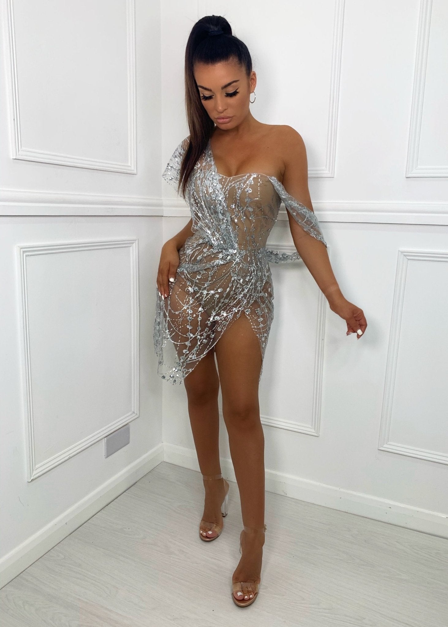 Silver Glitter Mesh Dress | Asymmetric | Dressmezee Dressmezee Silver Glitter Mesh Dress | Asymmetric | Dressmezee Dressmezee
