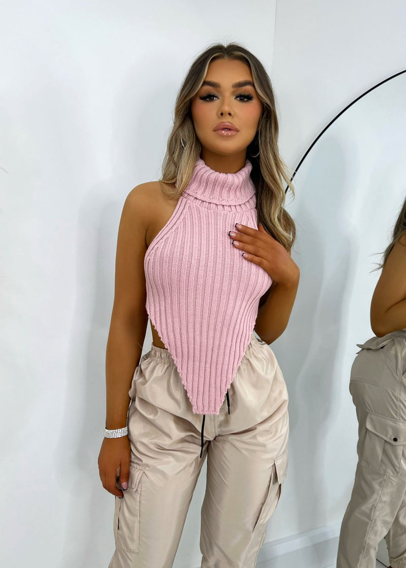 Marie Knitted Roll Neck Crop Top - Pink